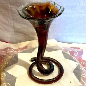 Blown Glass Swirl Brown/White Murano Style Vase.